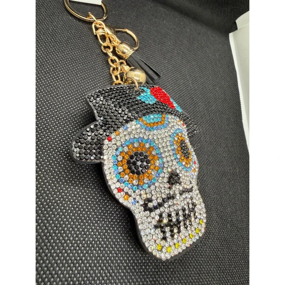 Sugar Skull Rhinestone Keychain Day of the Dead Calavera Tassel Bag Charm Gold